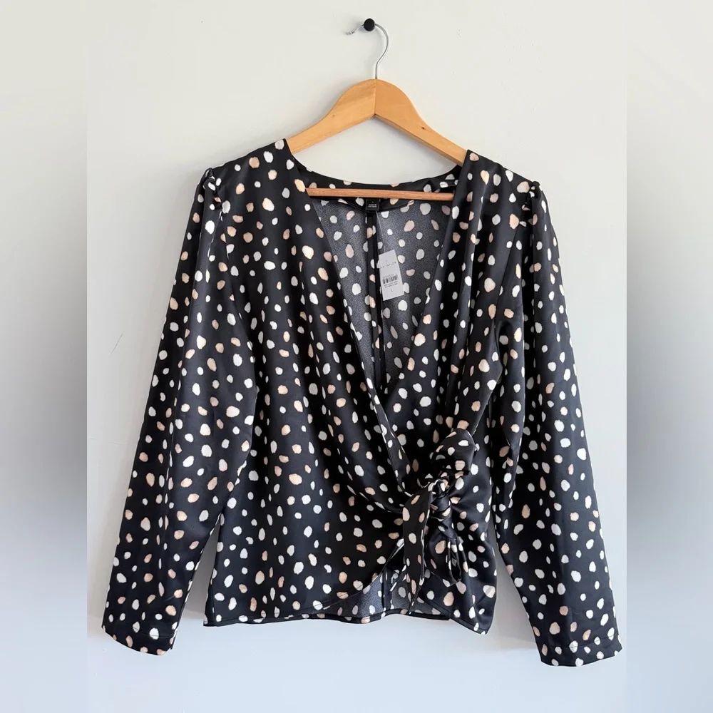 Ann Taylor Polka Dot Wrap Blouse Top Women L V Neck Tie Front Chic Office